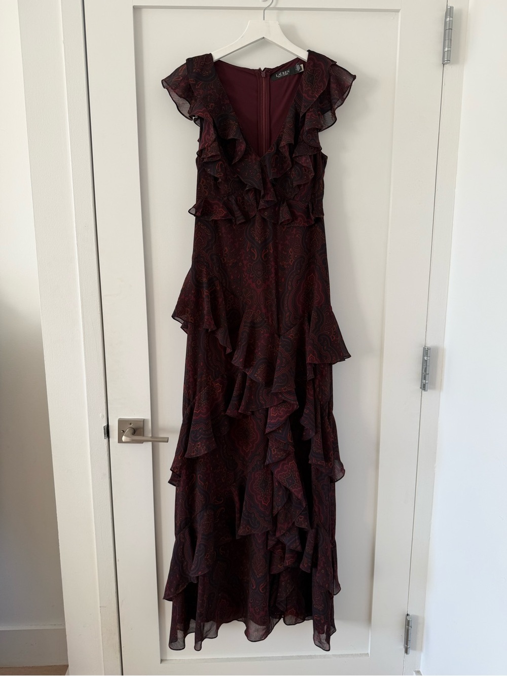 Lauren Ralph Lauren Burgundy Paisley Ruffle-Trim Maxi Dress